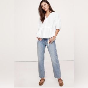 NWT-Banana Republic White Cotton Poplin Cinch Waist Top, Small